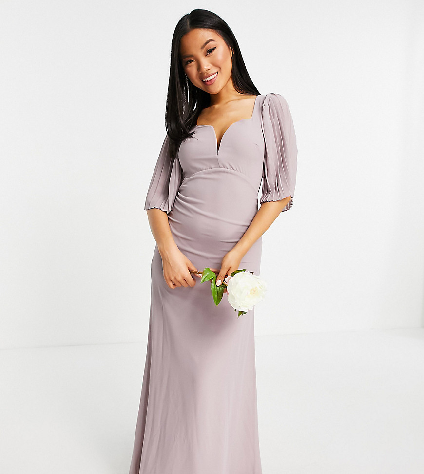 TFNC Petite bridesmaid sweetheart neck flutter sleeve maxi dress in lilac-Grey