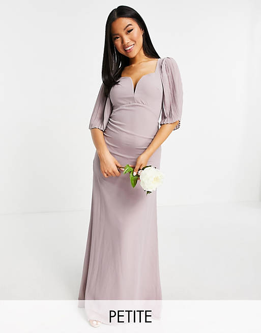 TFNC Petite Bridesmaid sweetheart neck flutter sleeve maxi dress in lilac