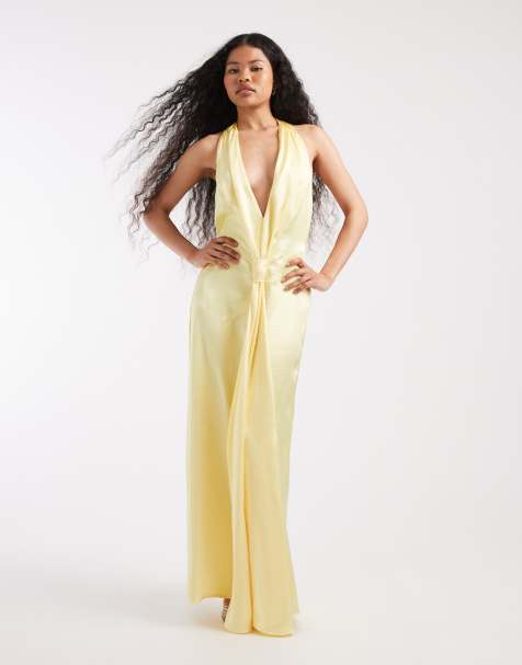 TFNC Petite Bridesmaid Tiv satin plunge halterneck tassel detail maxi dress in lemon - view 1