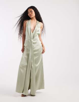 Tfnc Petite Bridesmaid Tiv Satin Plunge Halterneck Tassel Detail Maxi Dress In Green