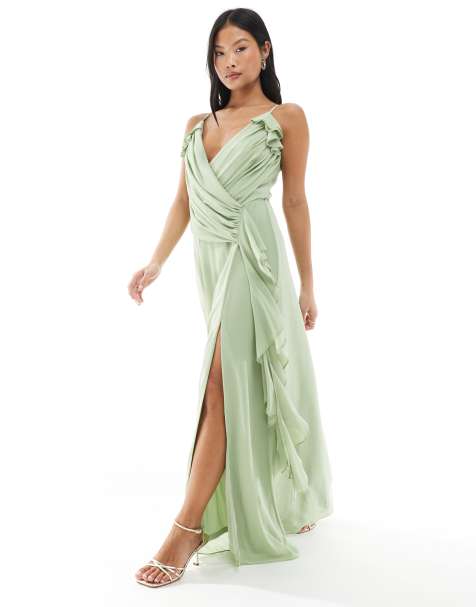 TFNC Petite Bridesmaid wrap front chiffon maxi dress with ruffle detail and slit in sage - view 1