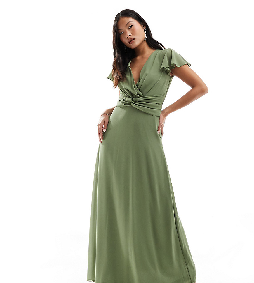 TFNC Petite Bridesmaid wrap front maxi dress in dark green