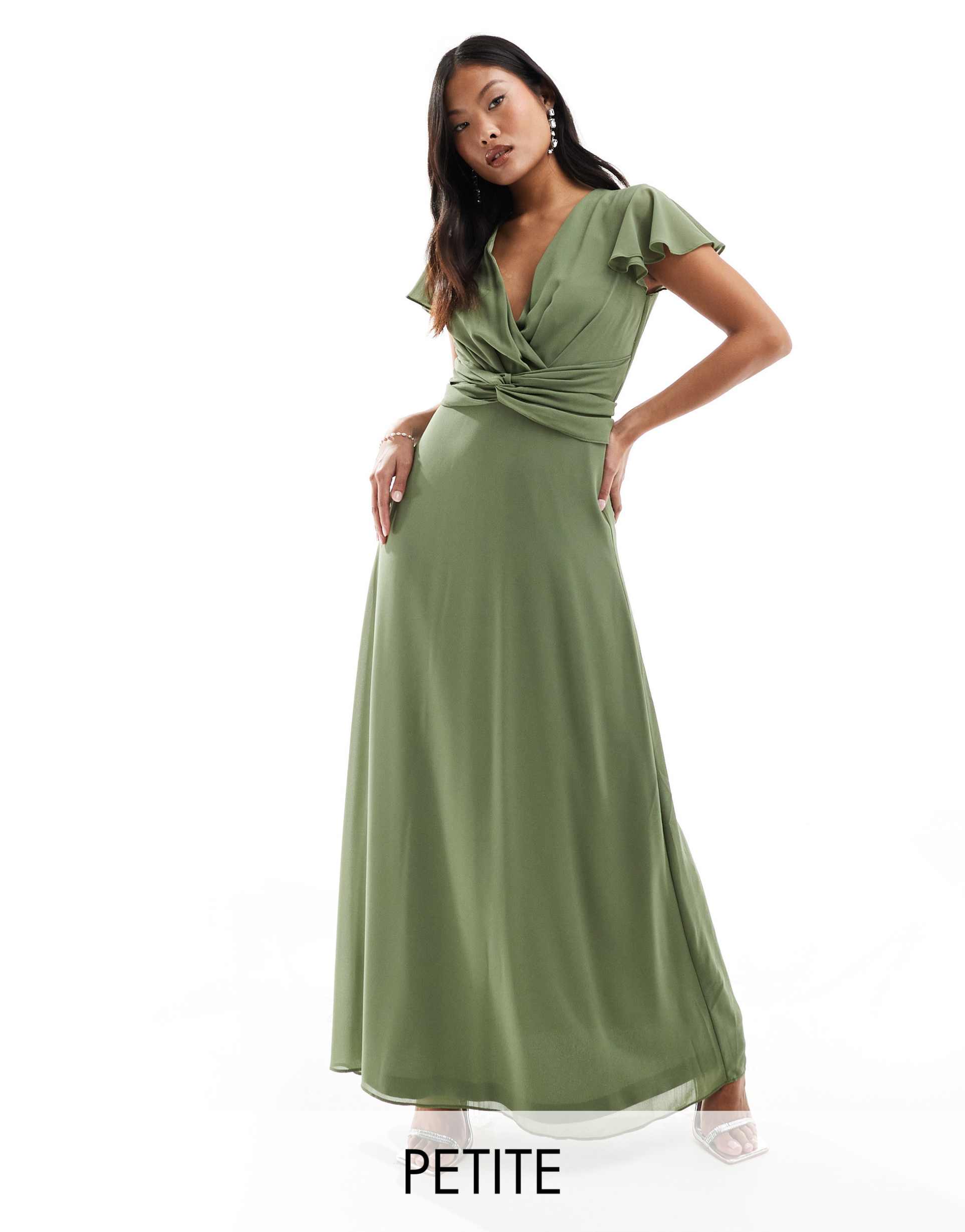 tfnc petite bridesmaid wrap front maxi dress in dark green