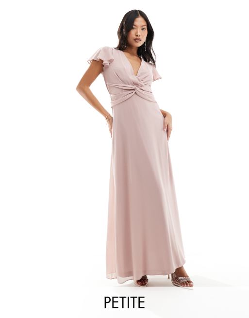 TFNC Petite Bridesmaid wrap front maxi dress in soft pink ASOS