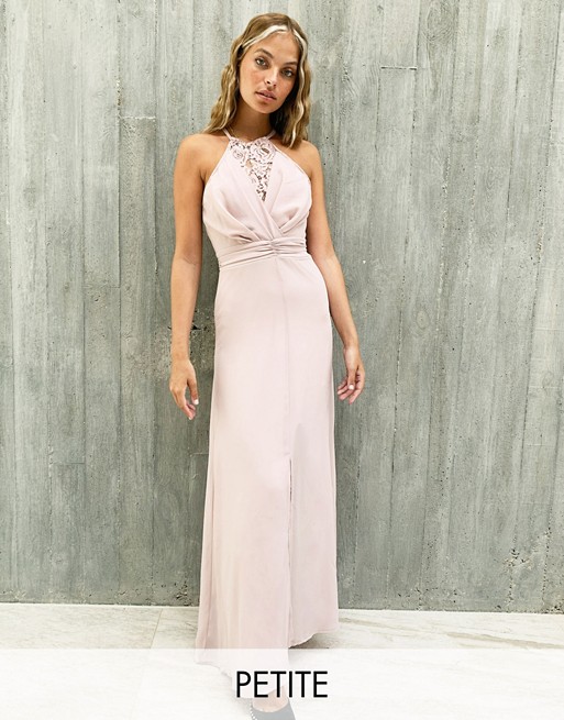 TFNC Petite bridesmaid wrap lace maxi dress in pink