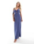 [TFNC Petite] TFNC Petite Bridesmaids asymmetric maxi dress with drape back in dusky blue 8 Dusky Blue