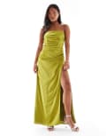 [TFNC Petite] TFNC Petite Bridesmaids bandeau satin maxi dress with tie back in olive-Green 12 Olive