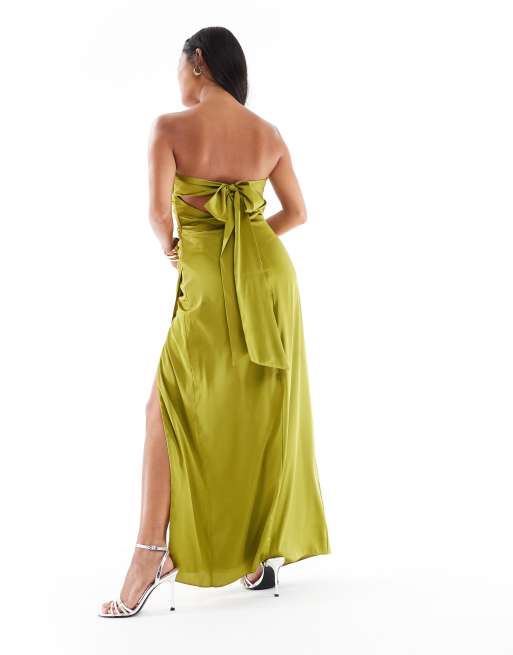 TFNC Petite Bridesmaids bandeau satin maxi dress with tie back in olive, 2 of 4