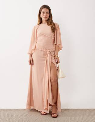 Tfnc Petite Bridesmaids Cape Chiffon Maxi Dress With Tie Front In Pink