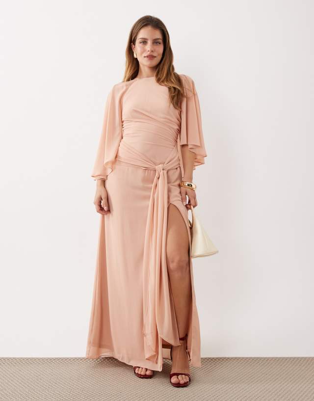 where to buy petite bridesmaid dresses TFNC Bridesmaids cape chiffon maxi dress with tie front in pink Different Colors Dress Blue LowStock:43798305341491 shoulder draped design Size:LARGE - X-LARGE