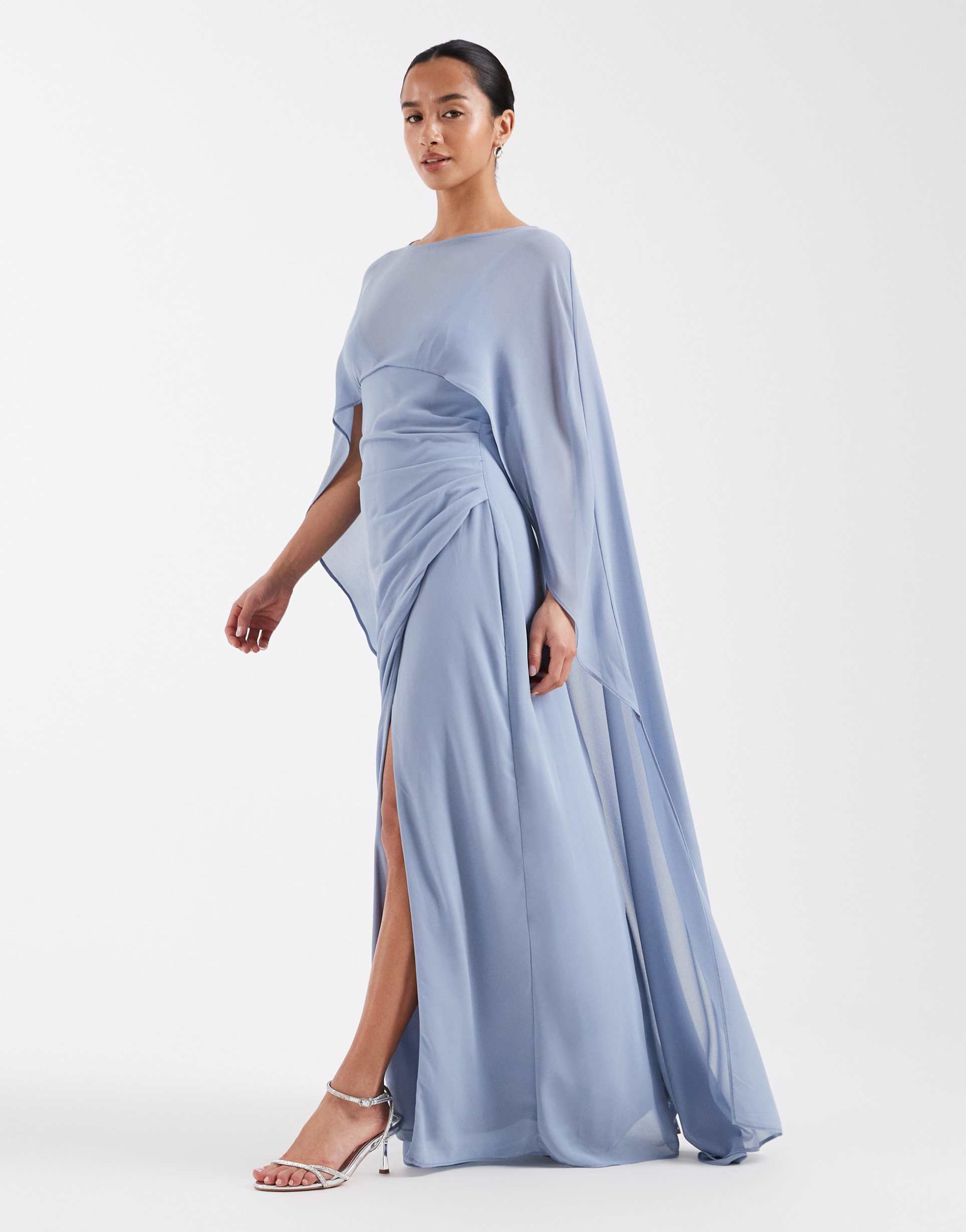 tfnc petite bridesmaids chiffon cape detail maxi dress in blue