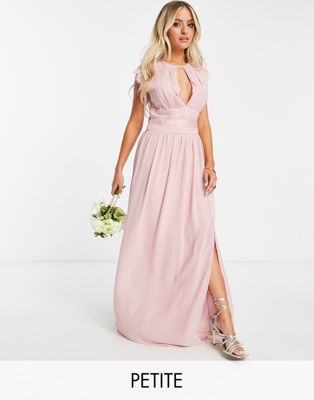Tfnc Petite Bridesmaids Chiffon Maxi Dress With Lace Detail In Mauve-pink