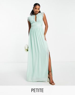 Tfnc Petite Bridesmaids Chiffon Maxi Dress With Lace Detail In Sage-brown