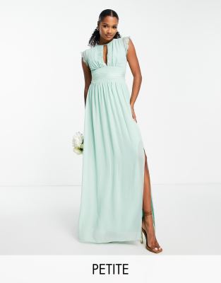 Tfnc Petite Bridesmaids Chiffon Maxi Dress With Lace Detail In Sage-brown