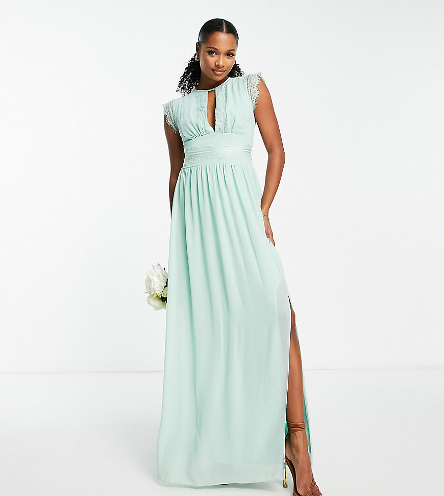 Tfnc Petite Bridesmaids Chiffon Maxi Dress With Lace Detail In Sage-brown