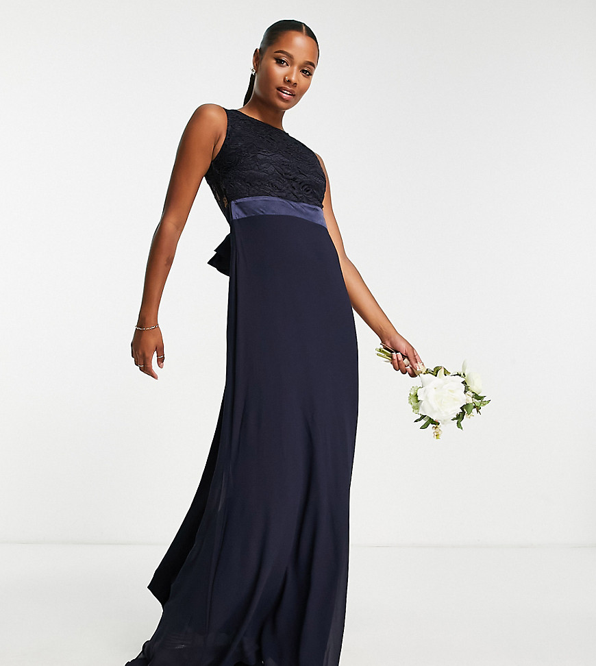 TFNC Petite Bridesmaids chiffon maxi dress with lace scalloped back in navy