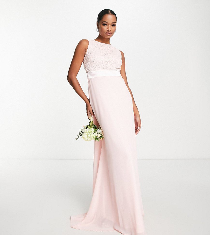 Tfnc Petite Bridesmaids Chiffon Maxi Dress With Lace Scalloped Back In Whisper Pink