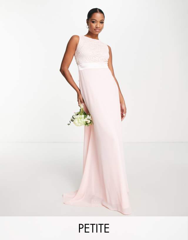 TFNC Petite Bridesmaids chiffon maxi dress with lace scalloped back in whisper pink