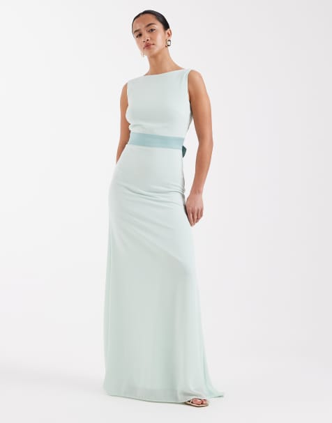 TFNC Petite Bridesmaids chiffon maxi dress with satin bow in aqua