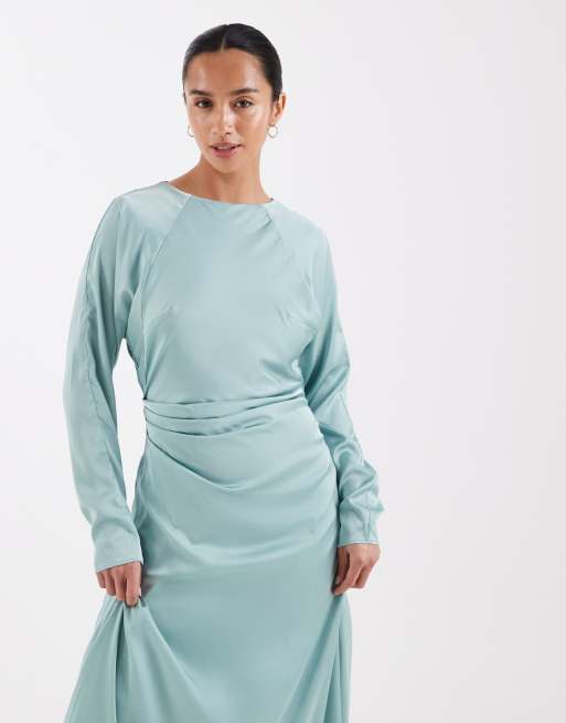 TFNC Petite – Bridesmaids – Langärmliges Maxikleid aus Satin in Aqua, 2 von 4