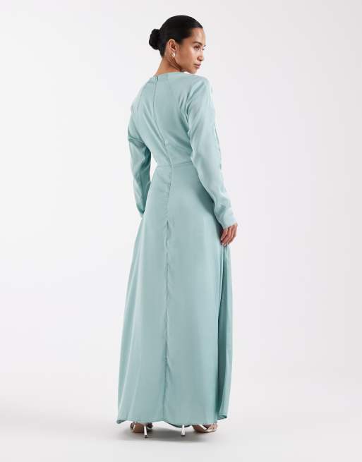 TFNC Petite – Bridesmaids – Langärmliges Maxikleid aus Satin in Aqua, 4 von 4