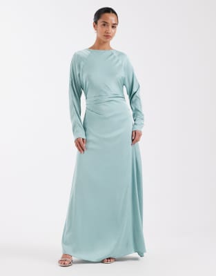 TFNC Petite Bridesmaids long sleeve satin maxi dress in aqua
