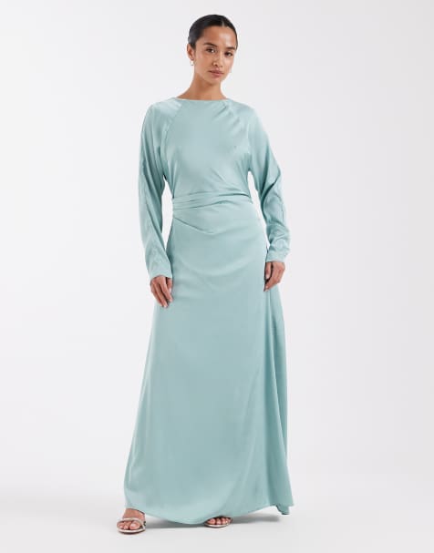 TFNC Petite Bridesmaids long sleeve satin maxi dress in aqua - view 1
