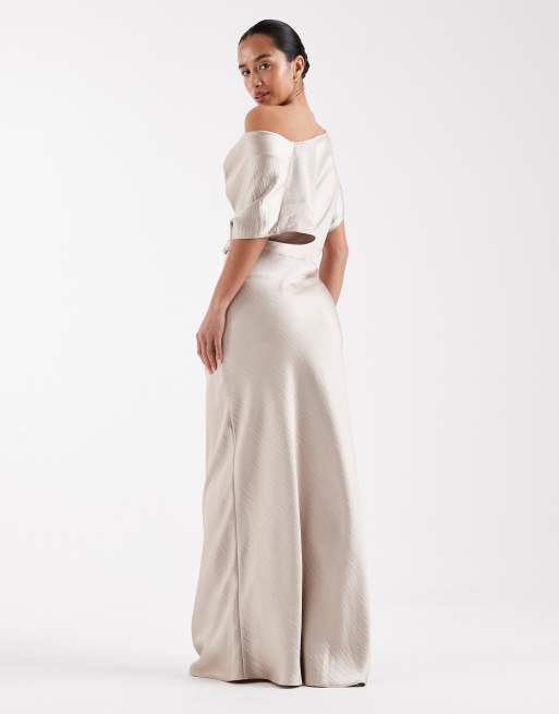 TFNC Petite Bridesmaids off shoulder satin maxi dress in soft gold, 3 of 4