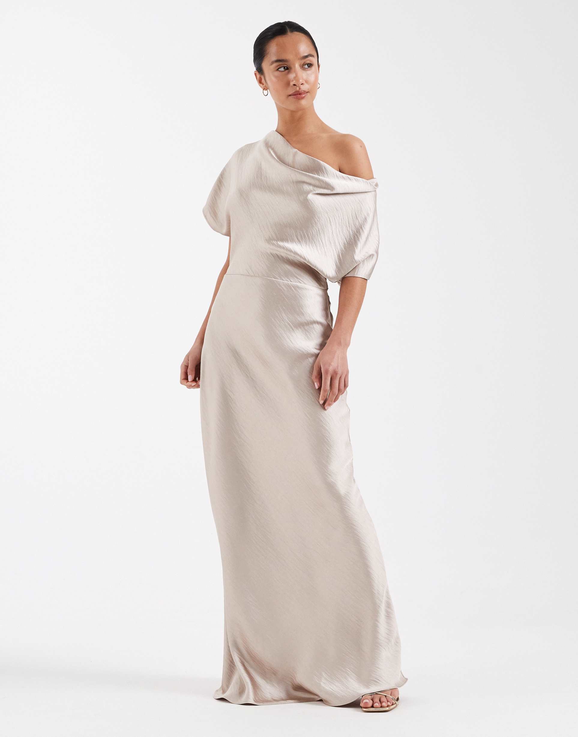 tfnc petite bridesmaids off the shoulder satin maxi dress in soft gold