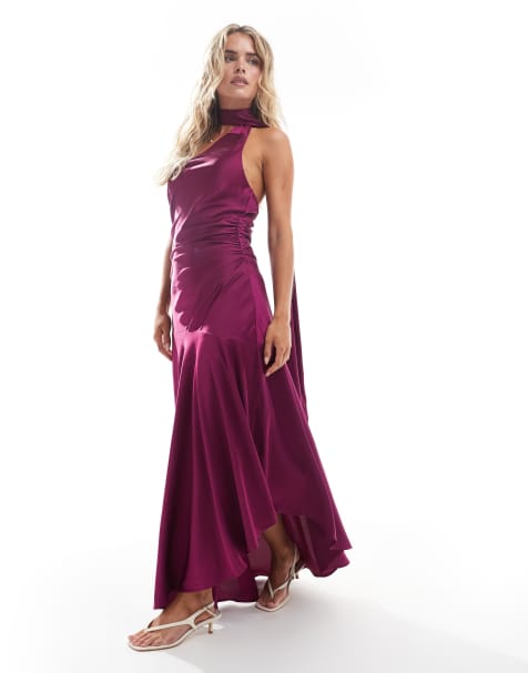 TFNC Petite Bridesmaids satin asymmetric maxi dress with scarf neck in plum - view 1