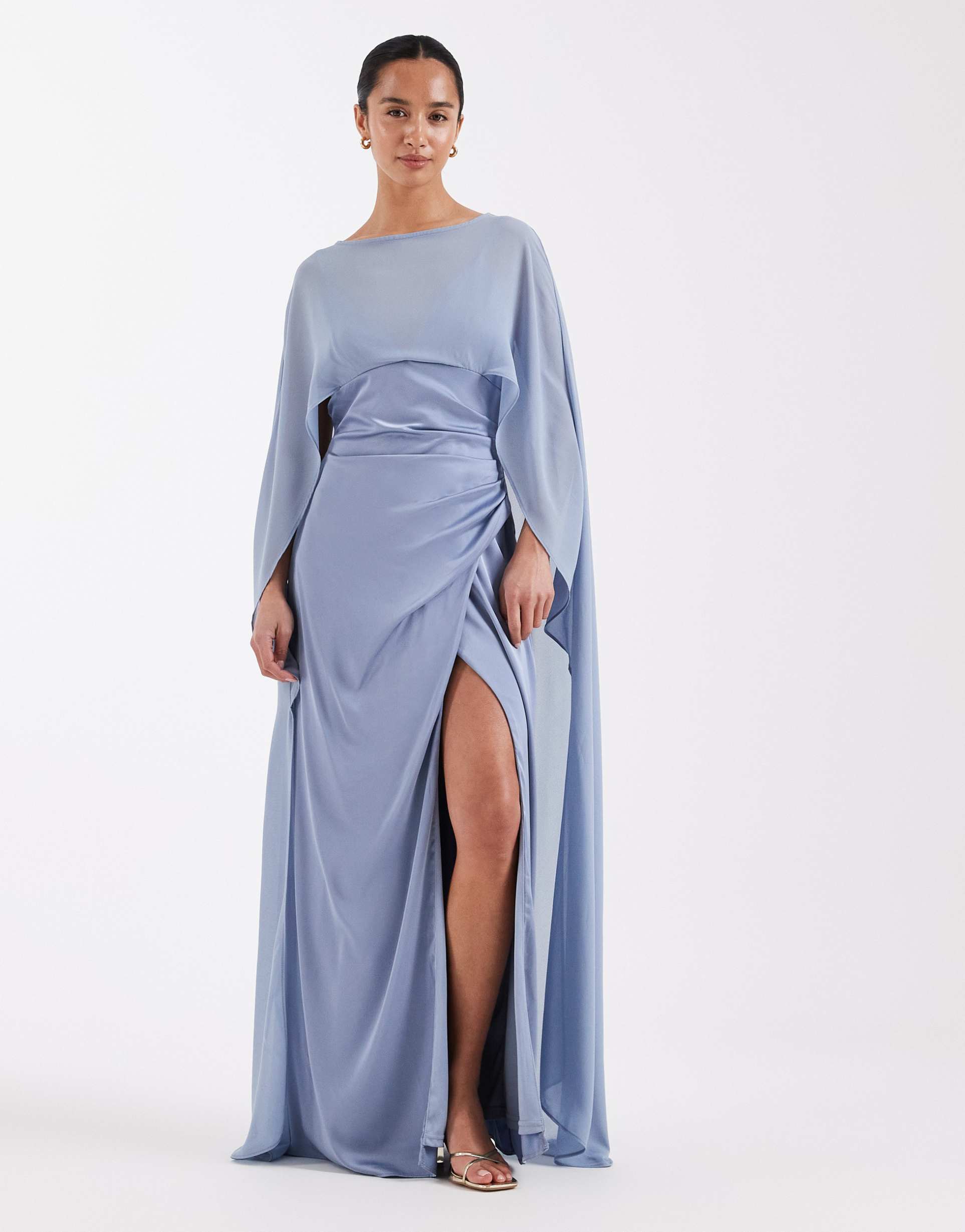 tfnc petite bridesmaids satin cape detail high slit maxi dress in blue