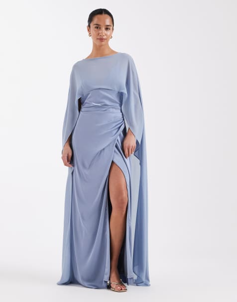 TFNC Petite Bridesmaids satin cape detail high split maxi dress in blue