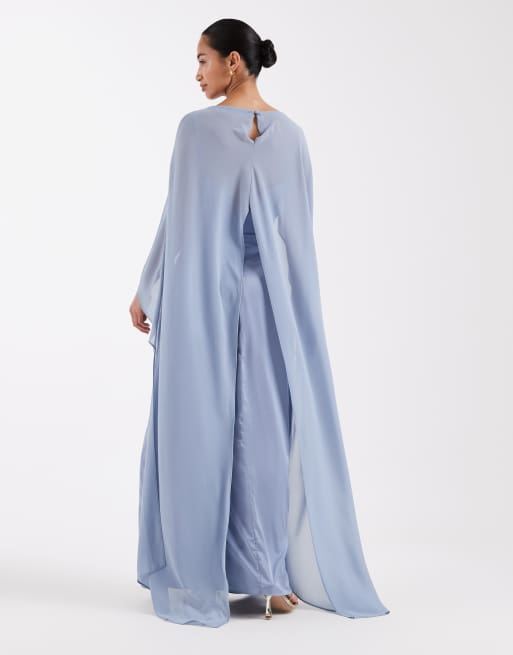 TFNC Petite Bridesmaids satin cape detail high split maxi dress in blue, 3 of 4