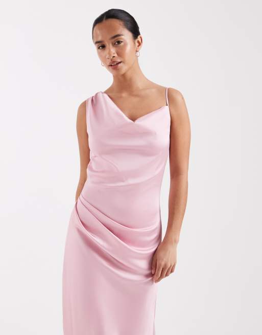 TFNC Petite Bridesmaids satin one shoulder maxi dress in pink, 2 of 4