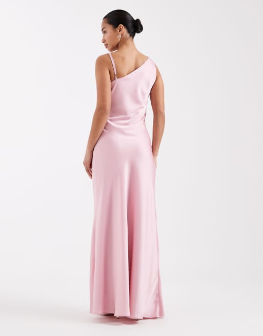 TFNC Petite Bridesmaids satin one shoulder maxi dress in pink, 3 of 4