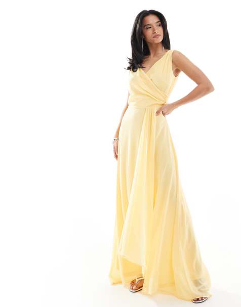 TFNC Petite - Brudepiger - Citrongul maxikjole i chiffon med slå om-front og -nederdel - view 1