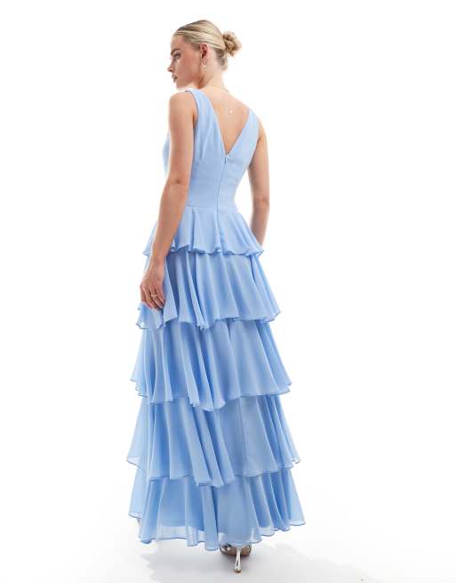 TFNC Petite - Brudepiger - Lagdelt maxikjole i pudderblå chiffon, 4 af 4