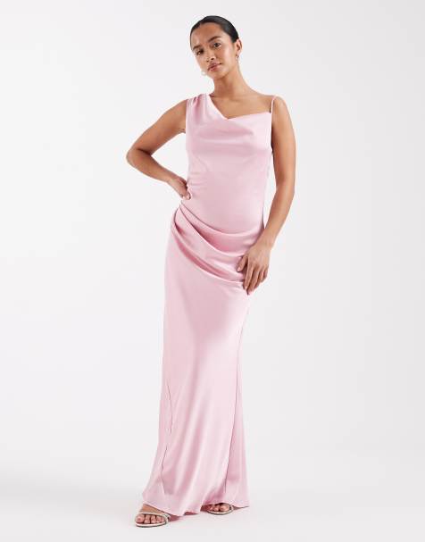 TFNC Petite - Brudepiger - Pink oneshoulder-maxikjole i satin - view 1