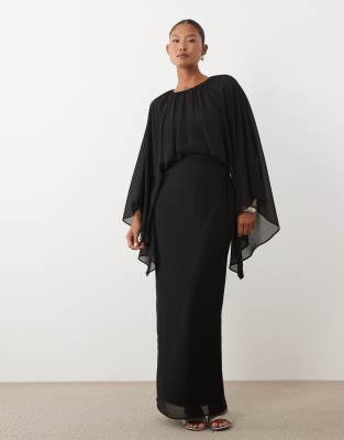 Tfnc Petite Chiffon Cape Detail Long Sleeve Maxi Dress In Black