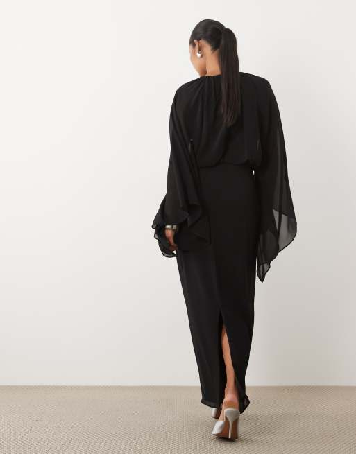 TFNC Petite chiffon cape detail long sleeve maxi dress in black, 3 of 4