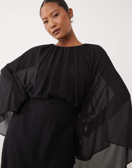 TFNC Petite chiffon cape detail long sleeve maxi dress in black, 4 of 4