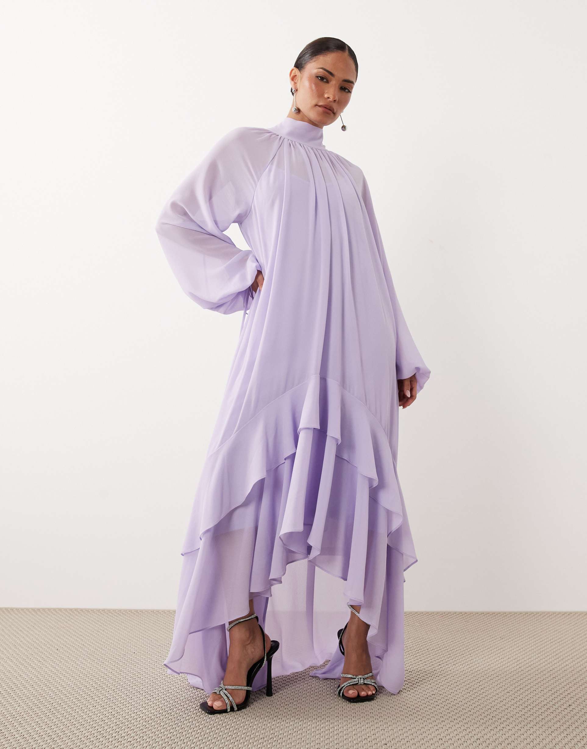 tfnc petite chiffon high neck long sleeve maxi dress with tiered hem in lilac