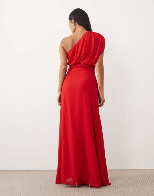 TFNC Petite chiffon one shoulder draped thigh split maxi dress in red, 4 of 4