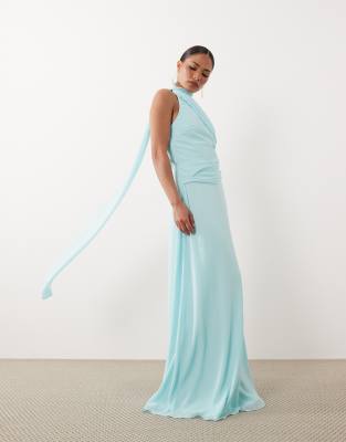 Tfnc Petite Chiffon One Shoulder Scarf Neck Maxi Dress In Blue