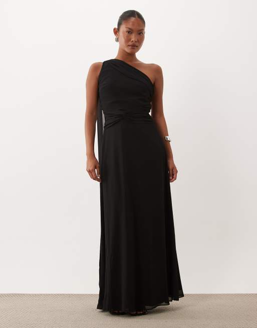 TFNC Petite chiffon one shoulder twist talje draperet maxikjole i sort, 2 af 4