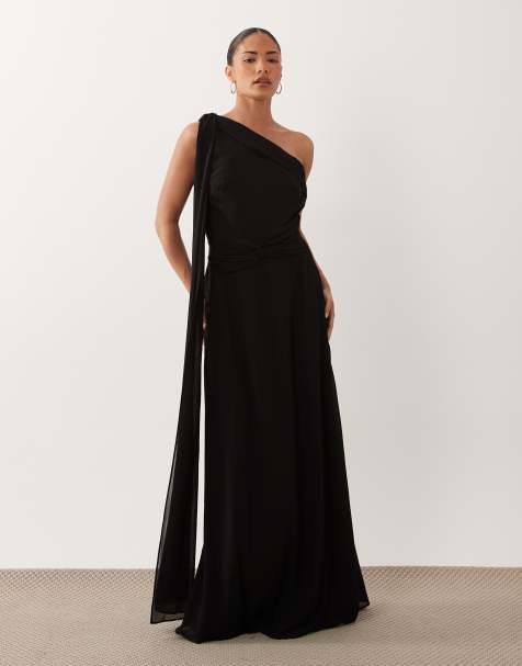 TFNC Petite chiffon one shoulder twist waist draped maxi dress in black - view 1