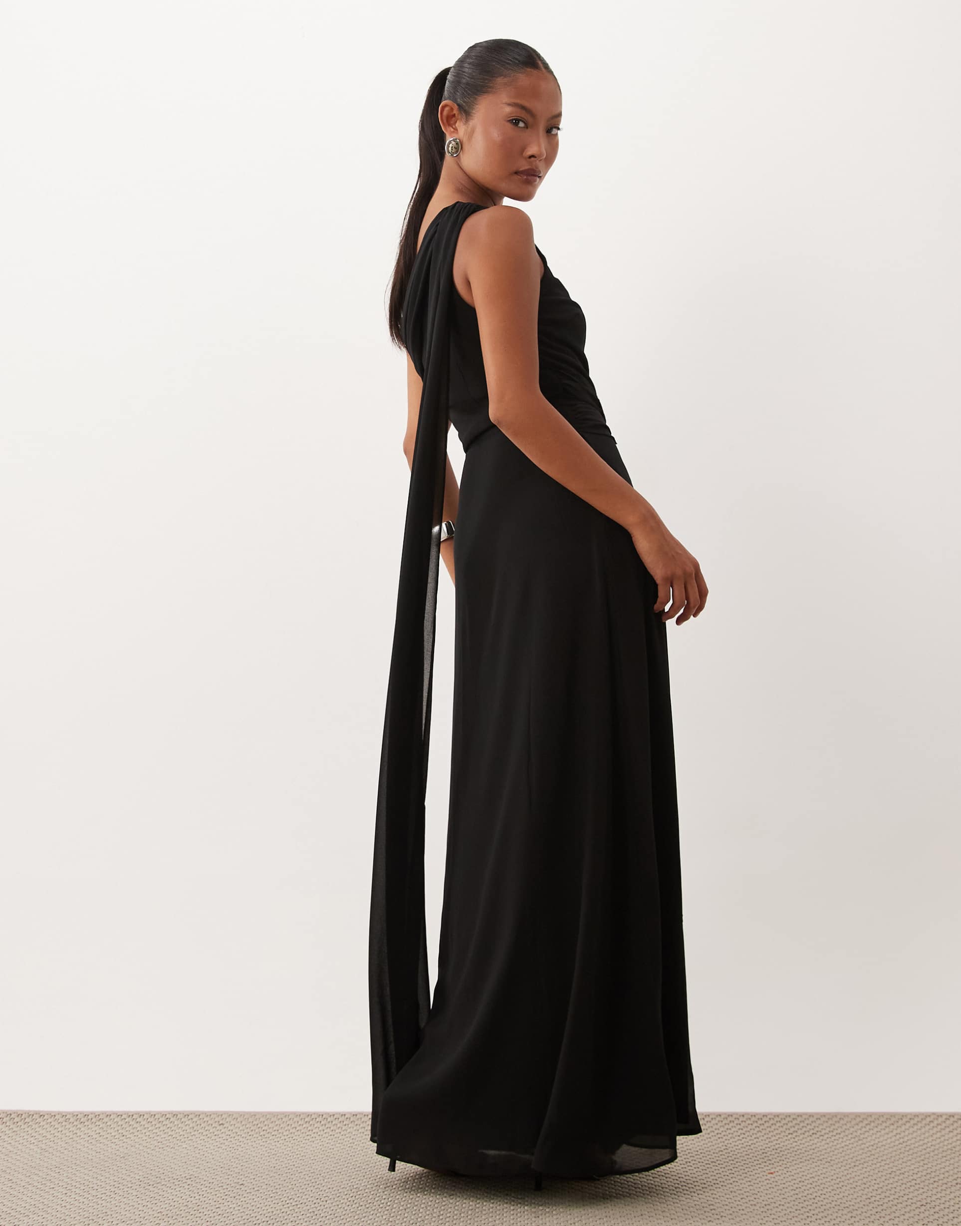 tfnc petite chiffon one shoulder twisted waist draped maxi dress in black