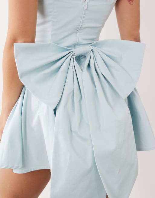 TFNC Petite corset pleated mini dress with bow back in blue, 4 of 4