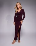 [TFNC Petite] TFNC Petite cowl neck embellished maxi dress with thigh split in cherry-Pink 8 Cherry