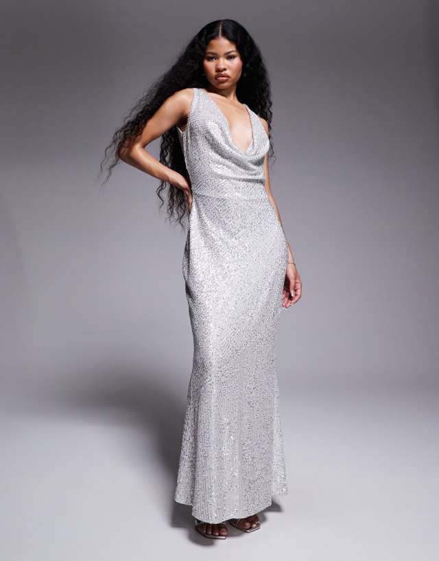 fatima sequin cowl neck bodycon formal dress TFNC Petite maxi with open back in silver Size:XXXS